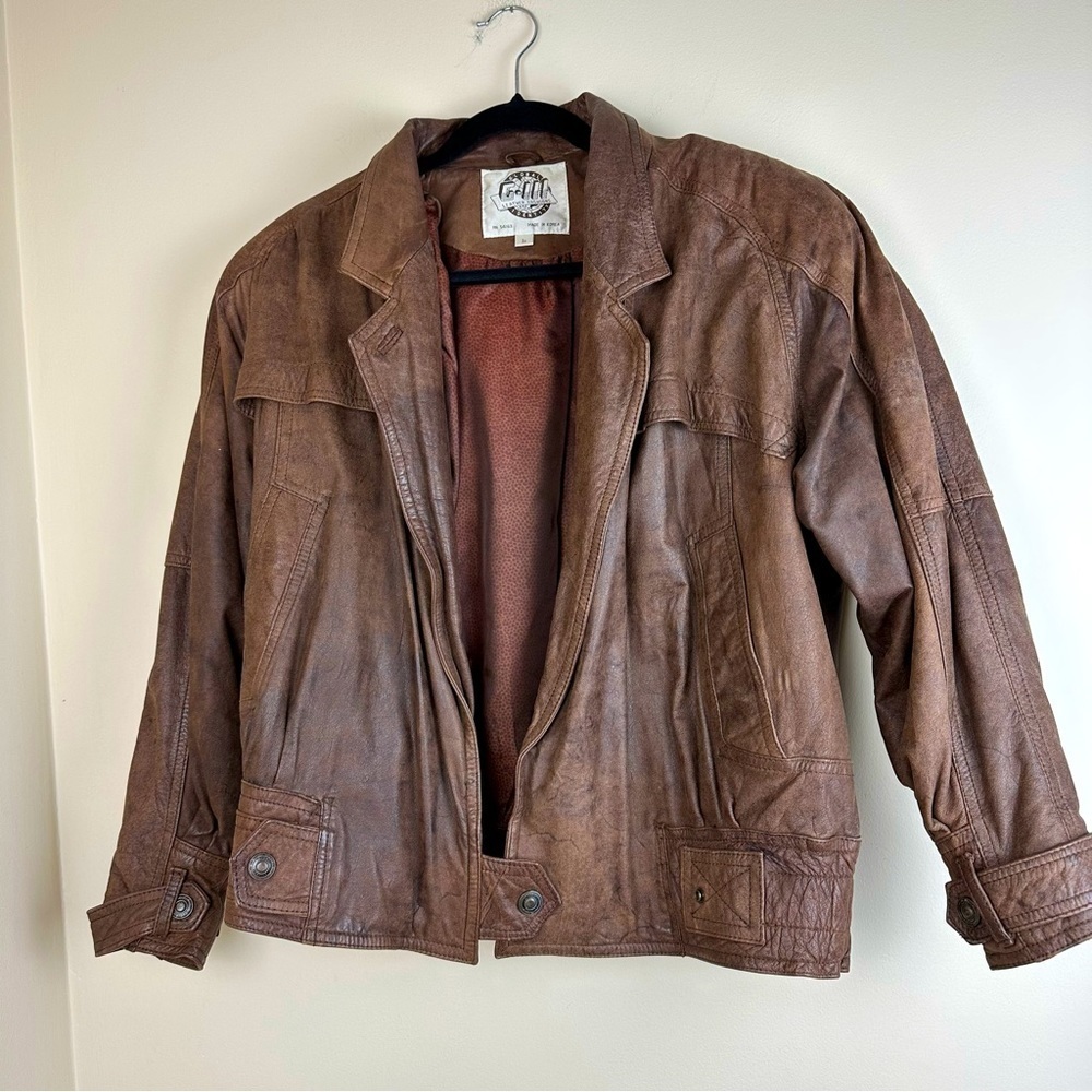 Vintage 100% Leather Open front Global Identity Brown Jacket size Large